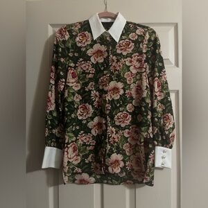 Zara Green Floral Button Down Shirt with White Collar